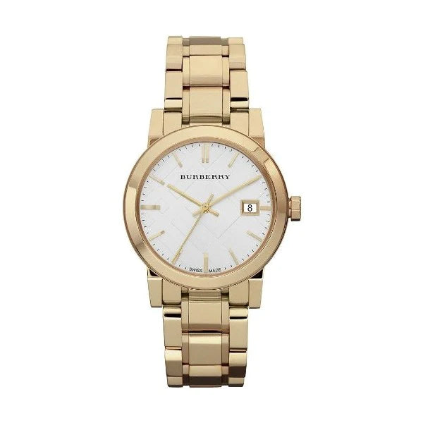 A front side view Burberry City Gold Stainless Steel White Dial Quartz Watch for Ladies