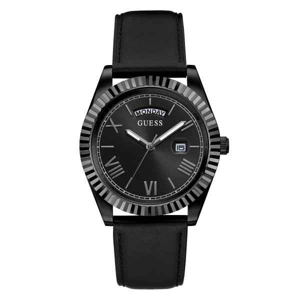 Guess Eco-Friendly Black Leather Strap Black Dial Quartz Watch for Gents - GW0353G1