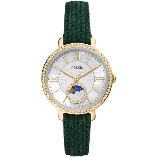 Fossil Jacqueline Sun Moon Green Leather Strap Mother Of Pearl Dial Quartz Watch for Ladies ES5244