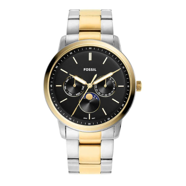 Fossil Moonphase Two Tone Stainless Steel Black Dial Quartz Watch for Gents FS5906