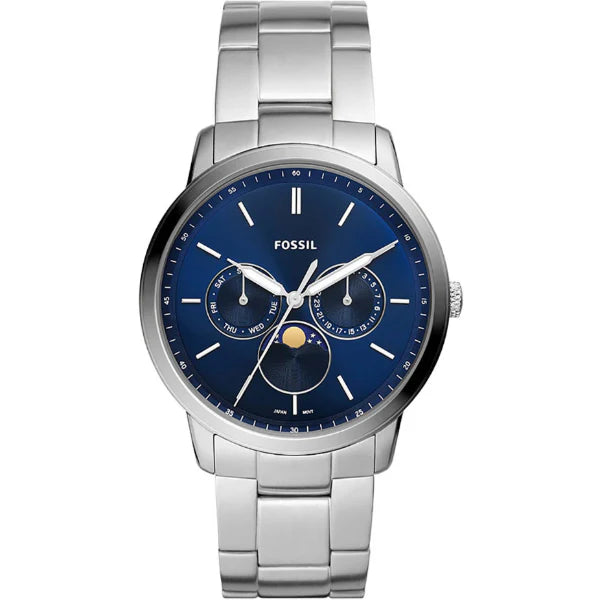 Fossil Moonphase Silver Stainless Steel Blue Dial Quartz Watch for Gents FS5907