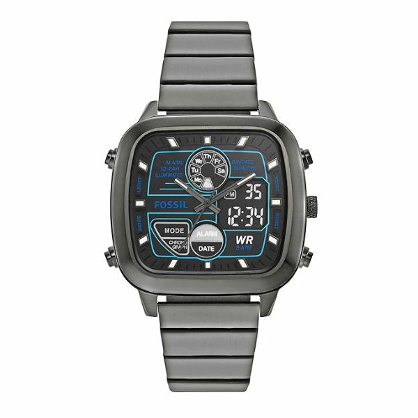 Fossil Retro Anadigital Grey Stainless Steel Positive Display Dial Analog And Digital Watch for Gents FS5892