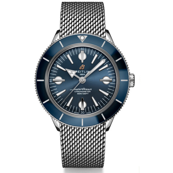 Breitling Superocean Heritage 57 Silver Mesh Bracelet Blue Dial Automatic Watch for Gents - A10370161C1A1