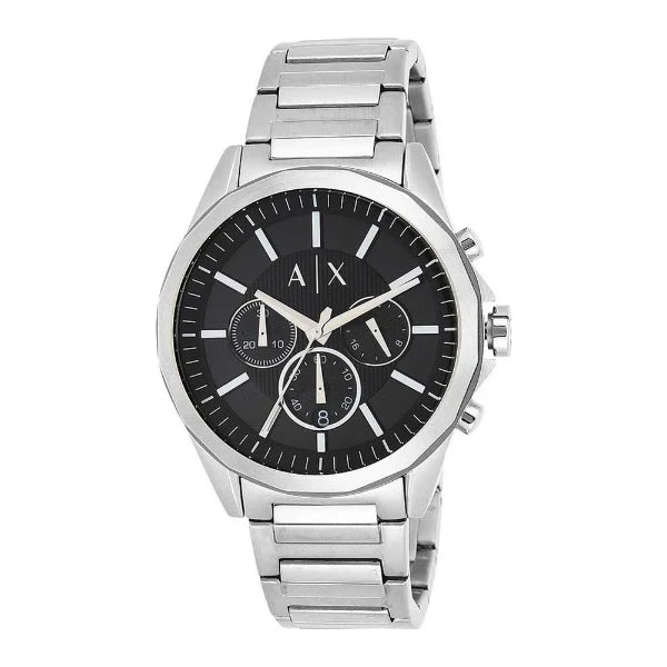 Armani Exchange Silver Stainless Steel Black Dial Chronograph Quartz Watch for Gents AX2600