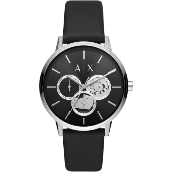 Armani Exchange Black Leather Strap Black Dial Quartz Watch for Gents AX2745