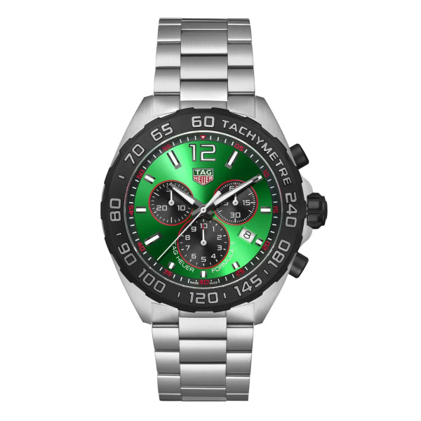 Tag Heuer Formula Silver Stainless Steel Green Dial Chronograph Quartz Watch for Gents