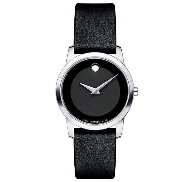Movado Museum Black Leather Black Dial Quartz Watch for Ladies - 606503