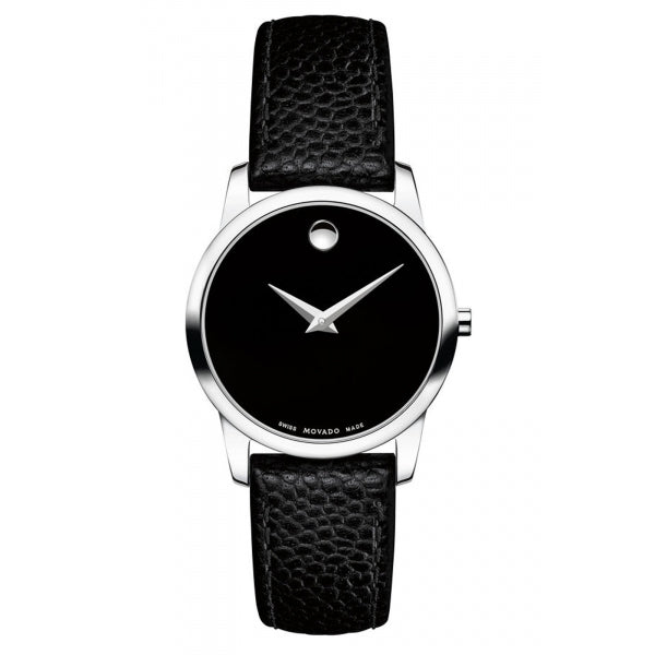 Movado Museum Black Leather Black Dial Quartz Watch for Ladies - 607015