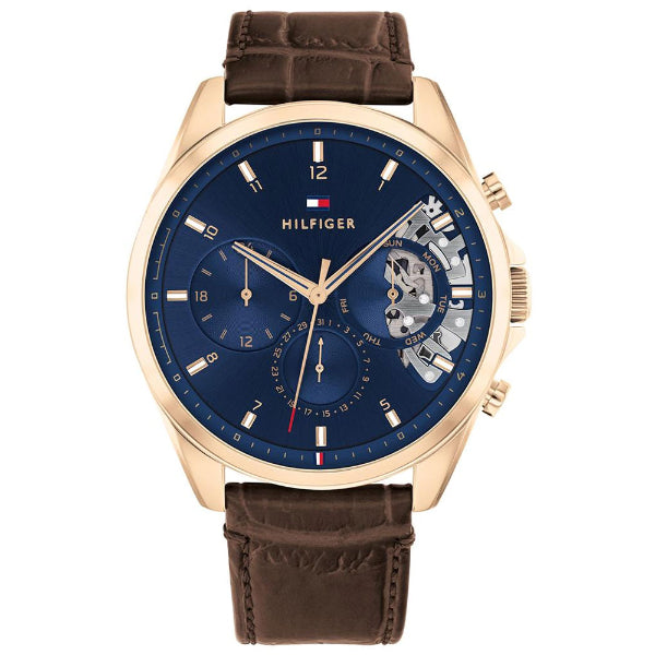 Tommy Hilfiger Baker Brown Leather Strap Blue Dial Chronograph Quartz Watch for Gents - 1710453