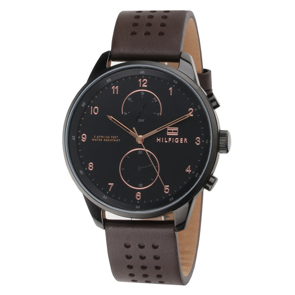 Tommy Hilfiger Chase Brown Leather Strap Black Dial Chronograph Quartz Watch for Gents - 1791577