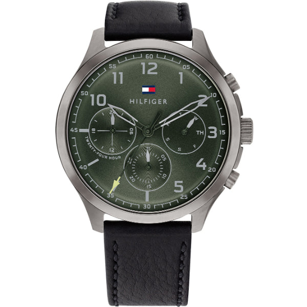 Tommy Hilfiger Asher Black Leather Strap Green Dial Chronograph Quartz Watch for Gents - 1791856