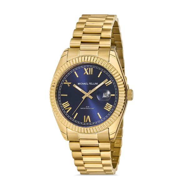 Michael Fellini Gold Stainless Steel Blue Dial Quartz Watch for Gents - MF2270-4