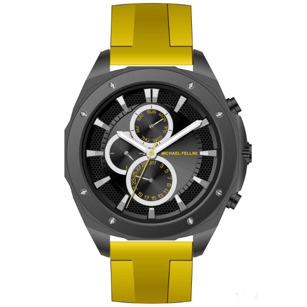 Michael Fellini Yellow Silicone Strap Black Dial Chronograph Quartz Watch for Gents - MF-2344-04