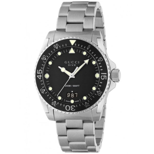 Gucci Dive Silver Stainless Steel Black Dial Quartz Watch for Gents- GUCCI YA136301B