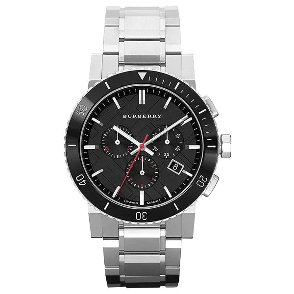 Closeup Fornt side view Burberry Silver Stainless Steel Black Dial Chronograph Quartz Watch for Gents with white background