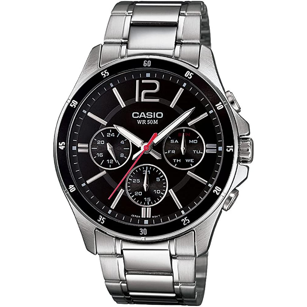 Casio Silver Stainless Steel Black Dial Chronograph Quartz Watch for Gents - MTP-1374D-1AVDF(AG)