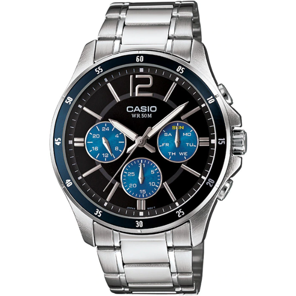 Casio Silver Stainless Steel Black Dial Chronograph Quartz Watch for Gents - MTP-1374D-2AVDF(AG)