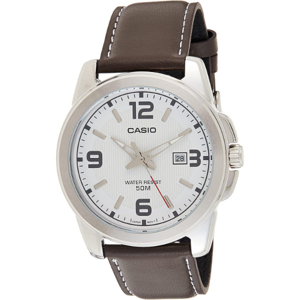 Casio Enticer Brown Leather Strap White Dial Quartz Watch for Gents - MTP-1314L-7AVDF