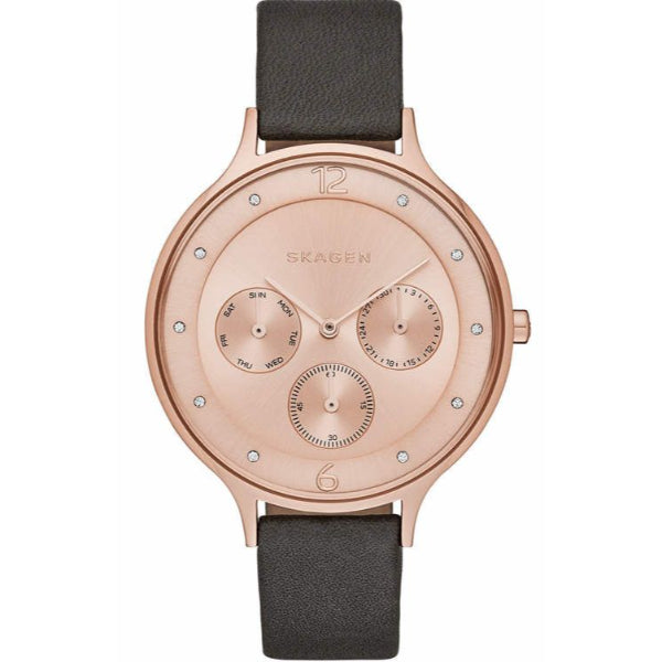 Skagen Anita Grey Leather Strap Rose Gold Dial Quartz Watch for Ladies - SKW 2392