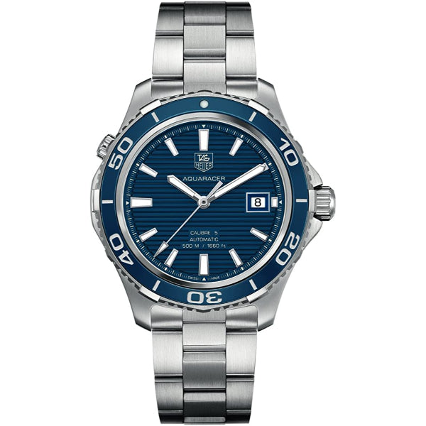 Tag Heuer Aquaracer Calibre 5 Silver Stainless Steel Blue Dial Automatic Watch for Gents - WAK2111.BA0830