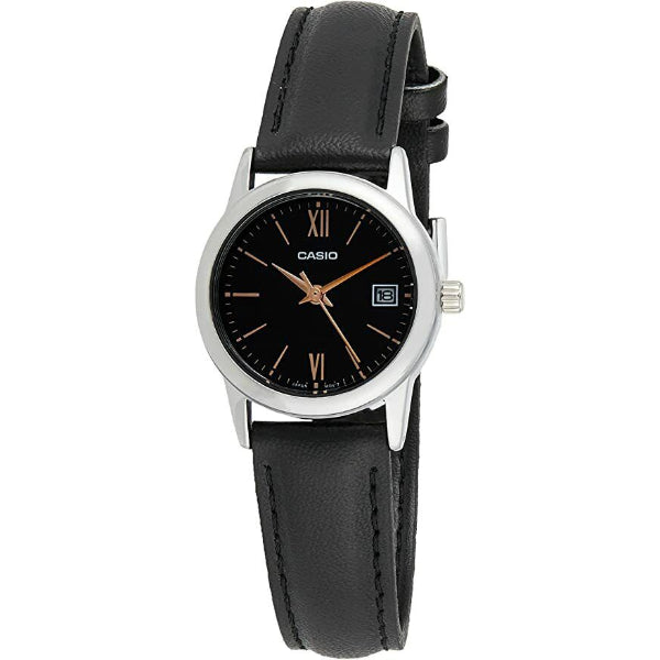 Casio Standard Black Leather Strap Black Dial Quartz Watch for Ladies - LTP-V002L-1B3UDF