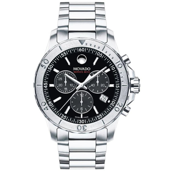 Movado 800 Series Silver Stainless Steel Black Dial Chronograph Quartz Watch for Gents - 2600110
