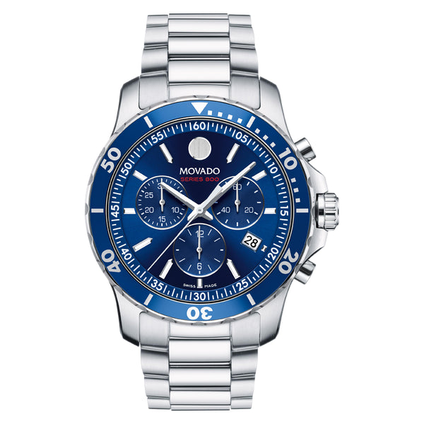 Movado 800 Series Silver Stainless Steel Blue Dial Chronograph Quartz Watch for Gents - 2600141