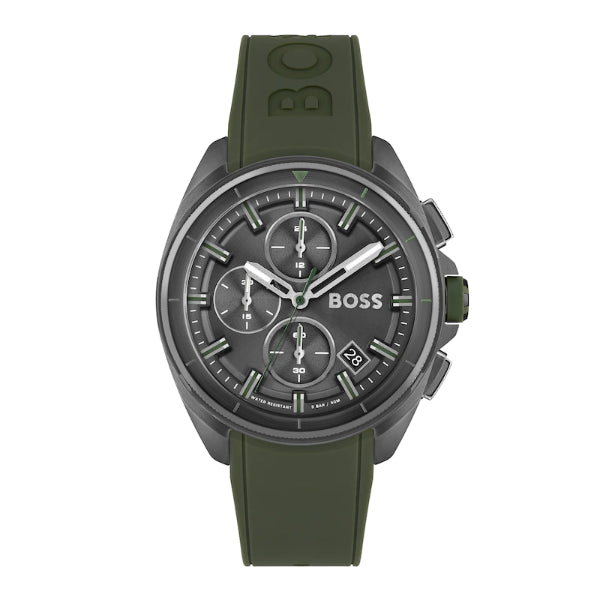 HUGO BOSS Volane Green Silicone Strap Grey Dial Chronograph Quartz Watch for Gents - 1513952