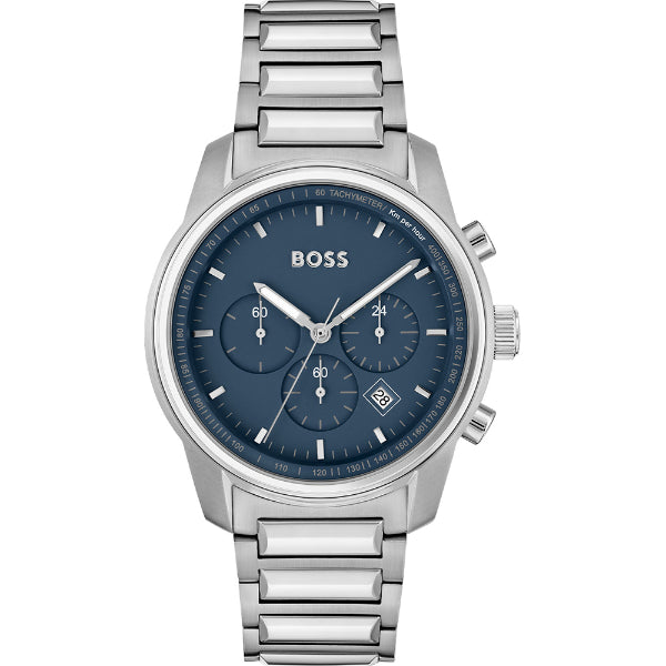 HUGO BOSS Trace Silver Stainless Steel Blue Dial Chronograph Quartz Watch for Gents - 1514007