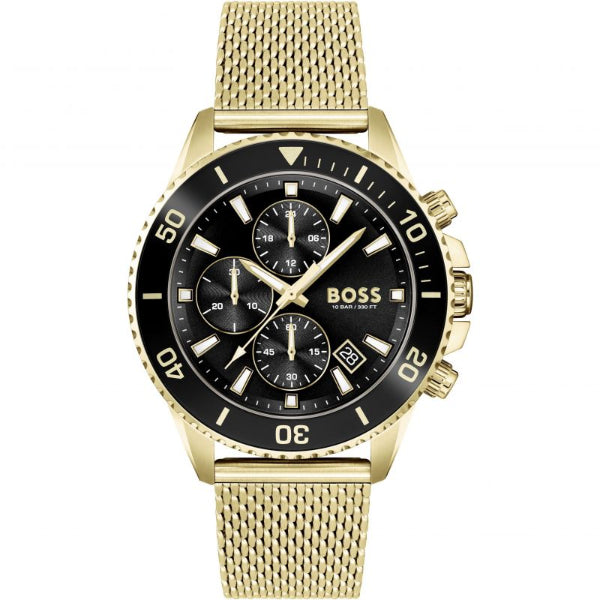 HUGO BOSS Admiral Gold Mesh Bracelet Black Dial Chronograph Quartz Watch for Gents - 1513906