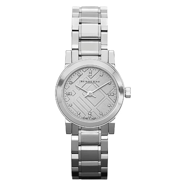 Close-up front view of Burberry The City silver stainless steel watch with silver dial