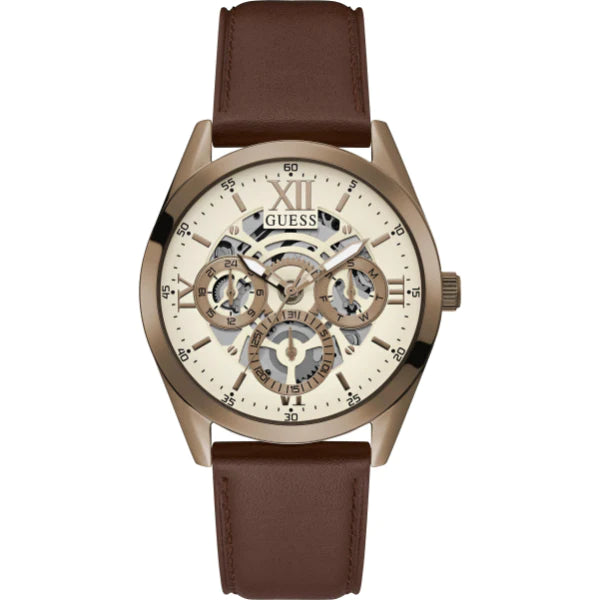 Guess Brown Leather Strap White Dial Quartz Watch for Gents GW0389G8