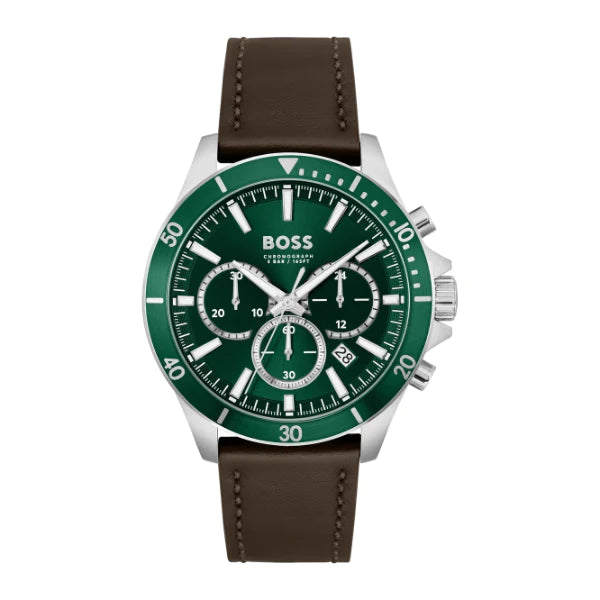 Hugo Boss Troper Brown Leather Strap Green Dial Chronograph Quartz Watch for Gents - 1514098