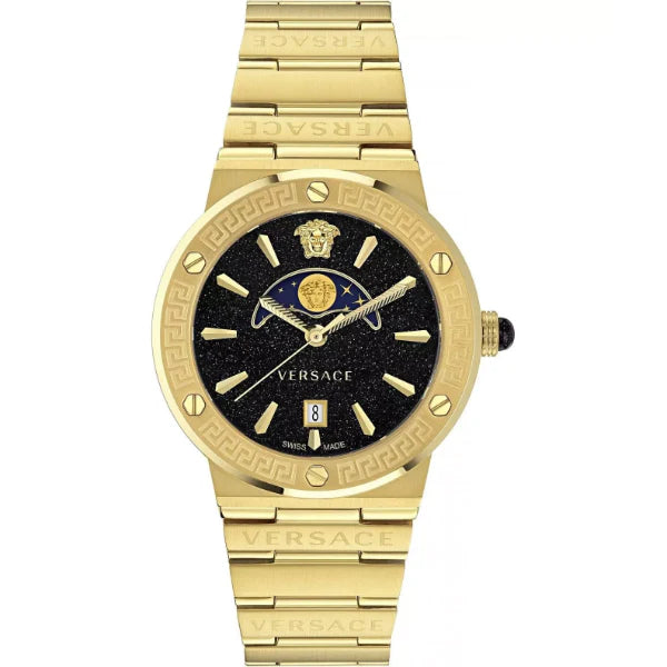 Versace Greca Logo Moonphase Gold Stainless Steel Black Dial Quartz Watch for Gents - VE7g00323