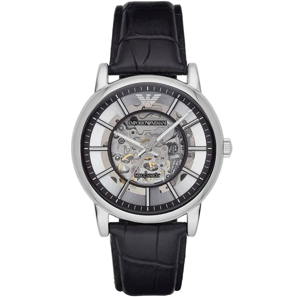 Emporio Armani Meccanico Blue Leather Strap Skeleton Dial Automatic Watch for Gents AR1981