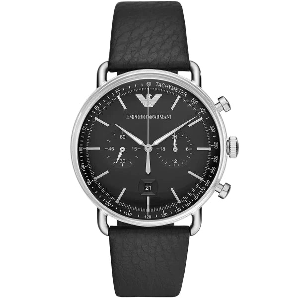 Emporio Armani Aviator Black Leather Strap Black Dial Chronograph Quartz Watch for Gents - AR11143