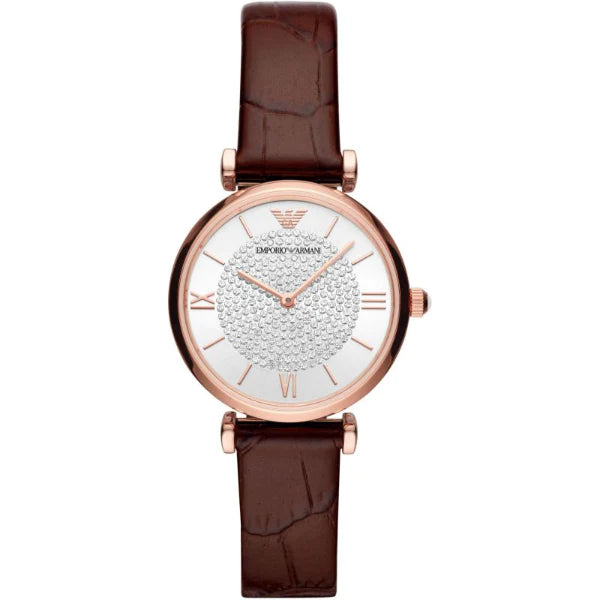 Emporio Armani Gianni T Bar Burgundy Leather Strap Silver Dial Quartz Watch for Ladies AR11269
