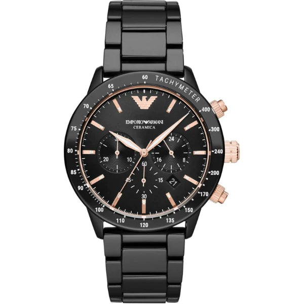 Emporio Armani Mario Black Ceramic Strap Black Dial Chronograph Quartz Watch for Gents AR70002