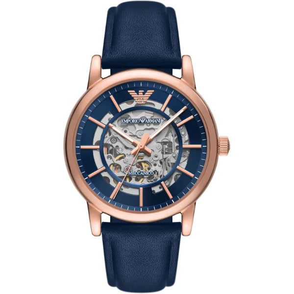 Emporio Armani Meccanico Blue Leather Strap Blue Dial Automatic Watch for Gents - AR60050