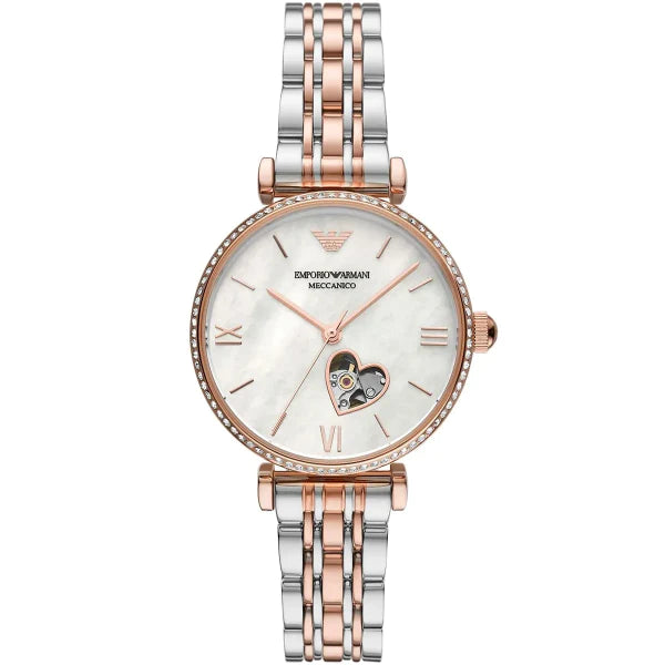 Emporio Armani Gianni T-Bar Two-tone Stainless Steel Mother Of Pearl Dial Automatic Watch for Ladies - AR60049