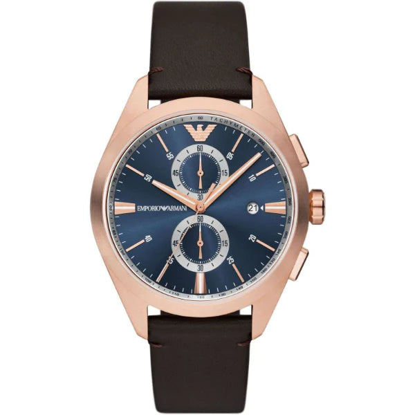 Emporio Armani Claudio Black Leather Strap Blue Dial Chronograph Quartz Watch for Gents - AR11554