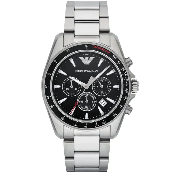 Emporio Armani Sigma Silver Stainless Steel Black Dial Chronograph Quartz Watch for Gents AR6098