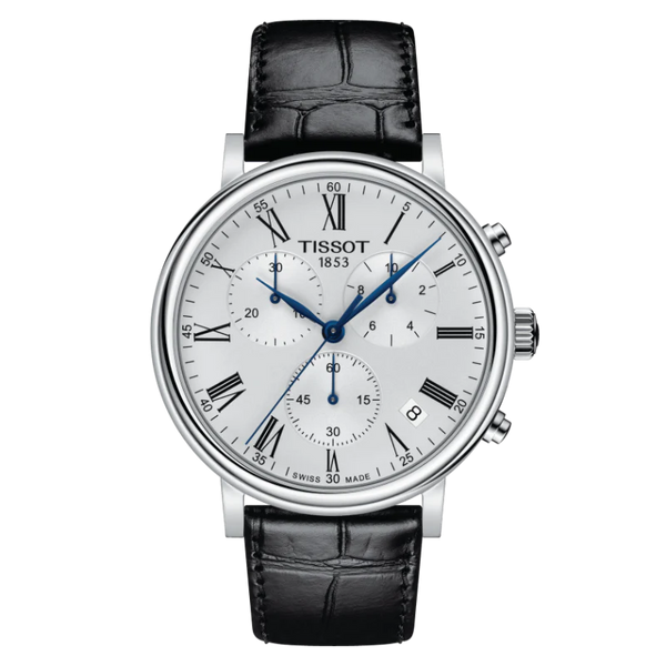 Tissot Carson Premium Black Leather Strap Silver Dial Chronograph Quartz Watch for Gents - T122.417.16.033.00