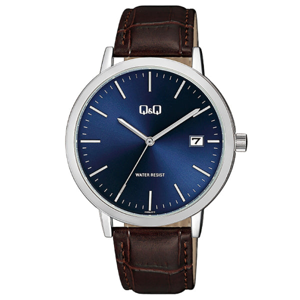 Q&Q Black Leather Strap Blue Dial Quartz Watch for Gents - A486J312