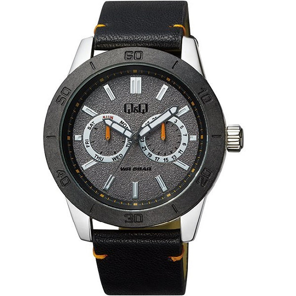 Q&Q Black Leather Strap Grey Dial Quartz Watch for Gents - AA34J302