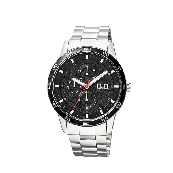 Q&Q Silver Stainless Steel Black Dial Quartz Watch for Gents - AA38J202