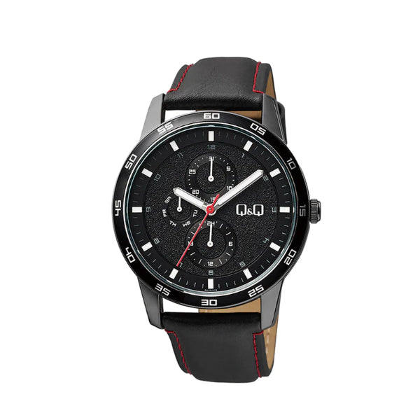 Q&Q Black Leather Strap Black Dial Quartz Watch for Gents - AA38J512