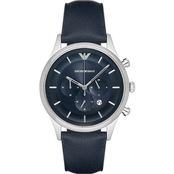 EMPORIO ARMANI Blue Dial Blue Leather Strap Chronograph Watch For Gents AR11018