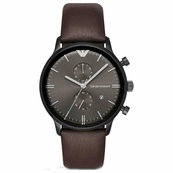 EMPORIO ARMANI Retro Brown Leather Strap Gunmetal Dial Chronograph Quartz Watch for Gents AR1932