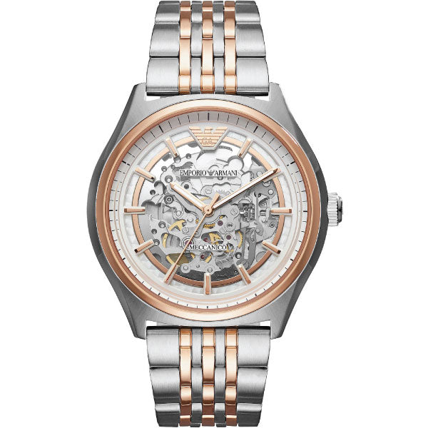 Emporio Armani Meccanico Silver Skeleton Dial Black Leather Watch For Men - AR1997 main image 1